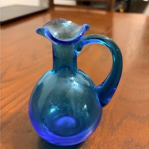 Vintage Blenko Turquoise Blue Glass Pitcher 5” MCM Hand Blown Handled Jug